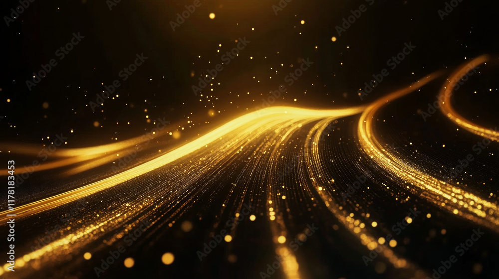 Poster golden light trails with sparkling particles on a dark background, abstract motion design