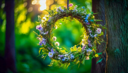 radiant spring wreath glows with light, nature’s magic in full bloom
