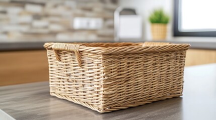 A rectangular wicker basket with elegant detailing, displayed on a clean, modern countertop.