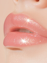 Fototapeta premium Glossy coral lips close-up with sparkling highlights, luminous and radiant beauty, lipstick for fashion and beauty industry