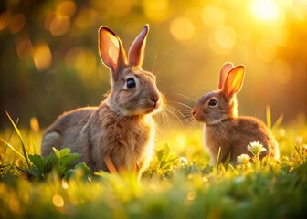 Fototapeta premium Two Rabbits in a Meadow: A Documentary Style Photograph