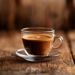 Fototapeta premium A freshly brewed Italian espresso in a clear cup. Italian espresso on a wooden surface.