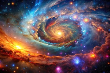 Macro cosmic nebula: vibrant stars and colorful nebulae dominate this deep space photograph.