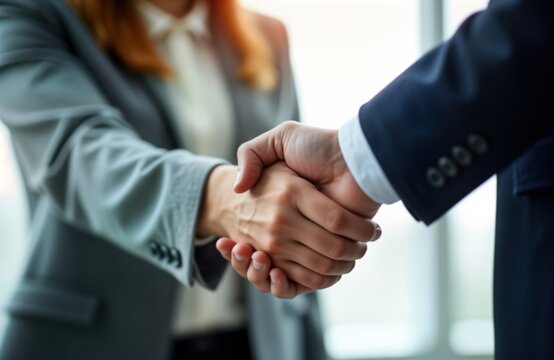 Business people shaking hands in office. Partners trust and cooperation. Future commercial goals. Successful deal and agreement. Pro and corporate environment. Formal meeting or negotiation.