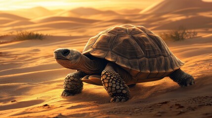 Giant Tortoise Trekking Across the Golden Sands of the Sahara Desert at Sunset