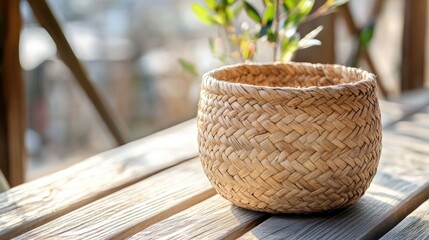 Fototapeta premium A rustic woven basket with a natural finish, placed on a sunlit outdoor wooden deck.
