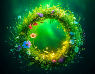 spring’s magic radiates from a wreath of greens, flowers, and glowing light
