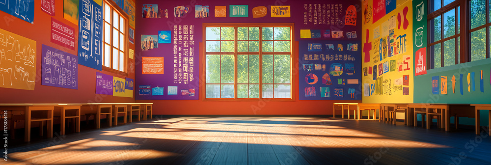 Poster a colorful classroom scene, where the walls are covered in words and symbols from different language