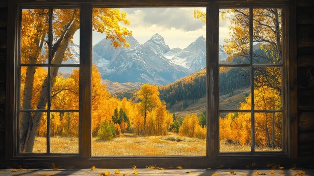 A serene fall landscape of golden leaves and distant peaks seen through a large window in a rustic home.