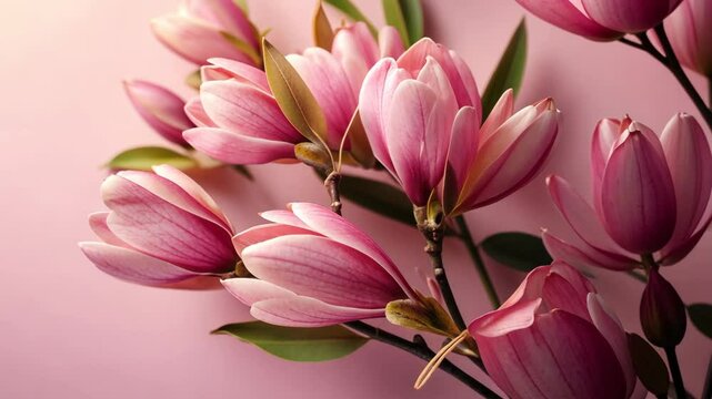 Pink magnolia flowers bloom against a soft pink background in a serene and elegant arrangement
