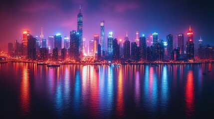 Obraz premium Nighttime Cityscape Reflecting In Water Vibrant Colors