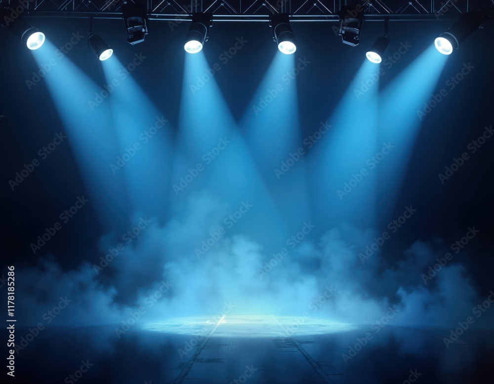 Aufkleber dramatic stage illuminated by intense blue spotlights. smoke fills air creating ethereal atmosphere.