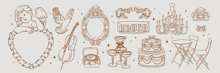 Vintage Wedding Collection. Hand-drawn line illustrations in whimsical sketch style. Cherub, dove, champagne, cake, baroque decorations for Valentine's Day, invitations, menus. Rococo Elegance doodles