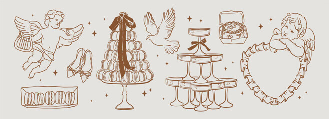 Elegant La dolce vita Wedding Collection. Hand-drawn line doodles in sketch style. Whimsical Italian clipart for Valentine's Day, invitations, menus. Coquette girly chalk drawing.