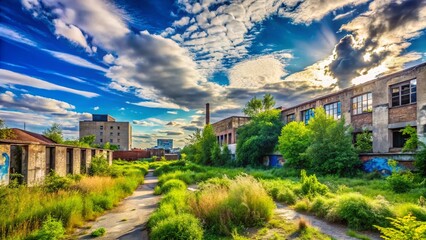 Fototapeta premium Urban Exploration Photography: Blue Sky, Green Grass Background - Stock Photo
