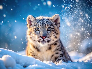 Fototapeta premium Playful snow leopard cub tumbles and pounces in fresh, deep snow.