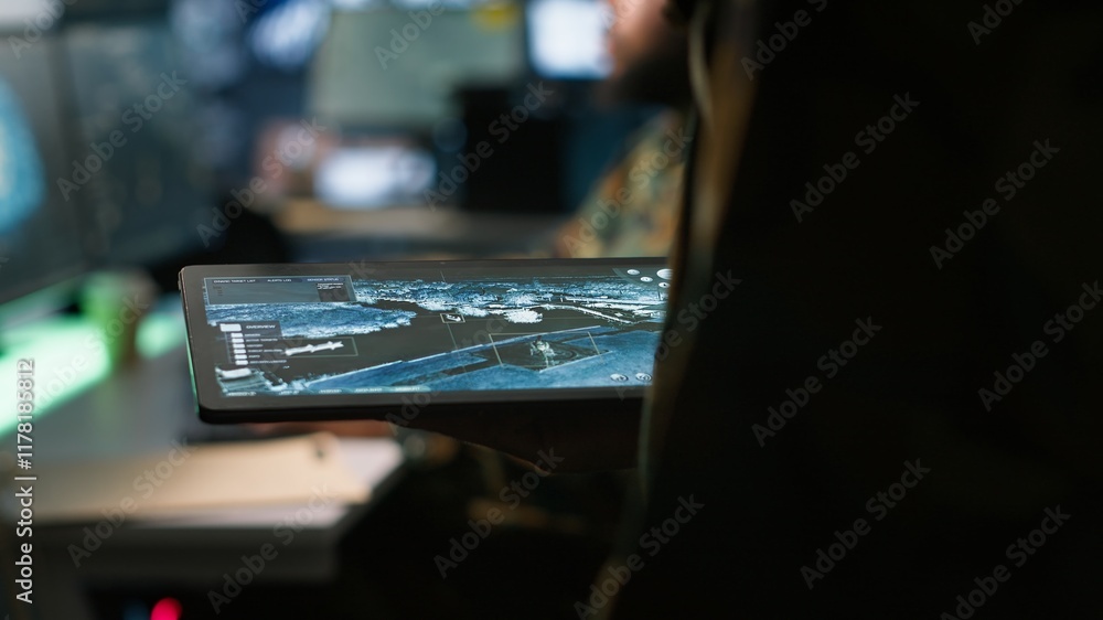 Poster army operative using tablet in command center housing operational missile defense system designed to