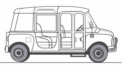 A simple side view line art drawing of a classic multi-passenger van. Perfect for coloring books or educational materials about transportation.