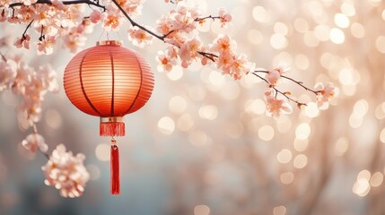 A soft and elegant Chinese New Year background with peach blossoms and a glowing red lantern.