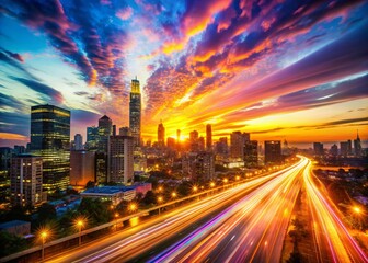 Fototapeta premium Urban Sunset Timelapse: Double Exposure Cityscape Photography