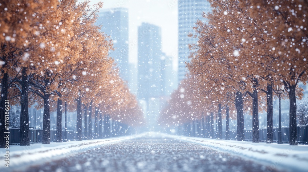 Poster snowfall transforms urban street into a winter wonderland with golden trees lining the path. generat