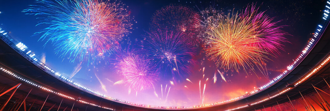 A colorful explosion of fireworks above a stadium, symbolizing the grand opening ceremony of the Olympic Games, filled with excitement and anticipation.  