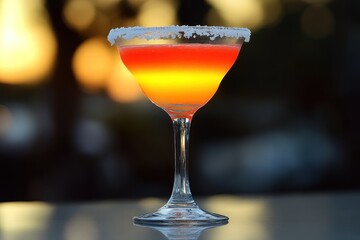 Colorful cocktail served in a tall glass against a sunset backdrop in a relaxed atmosphere. Generative AI