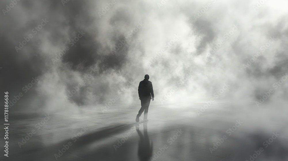Poster mysterious figure walking through dense fog in an otherworldly landscape at twilight. generative ai