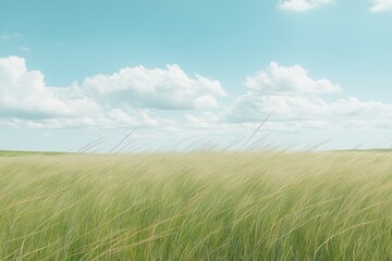 Green grass sways gently under a blue sky filled with clouds on a sunny day in the countryside. Generative AI