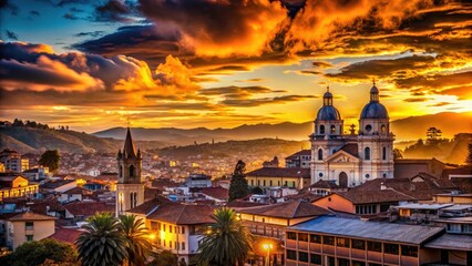 Fototapeta premium Stunning Cuenca sunset: a captivating silhouette of the city skyline at golden hour.
