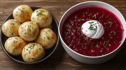 Delightful serving of flavorful dumplings and vibrant beetroot soup with cream garnish. Generative AI