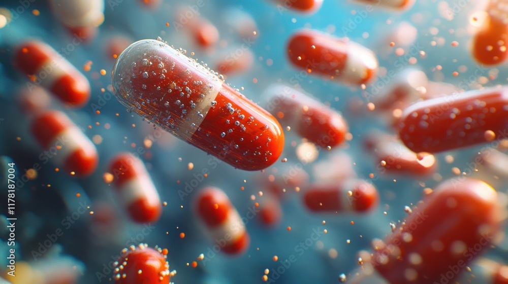 Poster floating red capsules surrounded by bubbles in a blue background showcasing their unique design. gen