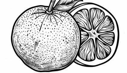 A vintage-style black and white illustration of an orange with a slice cut out. Ideal for food packaging, menus, or retro-themed designs.