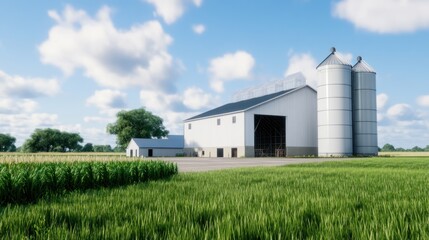 A modern farm with silos and a storage building in a green field.