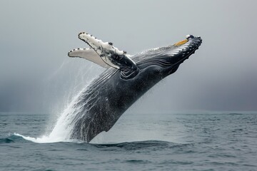 Fototapeta premium A humpback whale Megaptera novaeangliae breaches dramatically in the ocean with a stunning backdrop of mist and waves during daylight hours