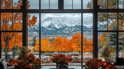 A tranquil view of a snowy mountain range and fall foliage through a large house window.