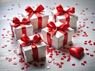 Valentine's Day Gift Boxes: White Background, Red Ribbons, Hearts - Stock Photo