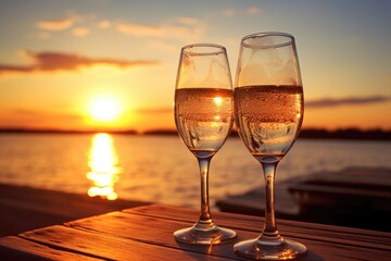 Romantic champagne flutes catch the warm glow of a sunset by the water, creating a perfect moment for celebration and togetherness in the evening