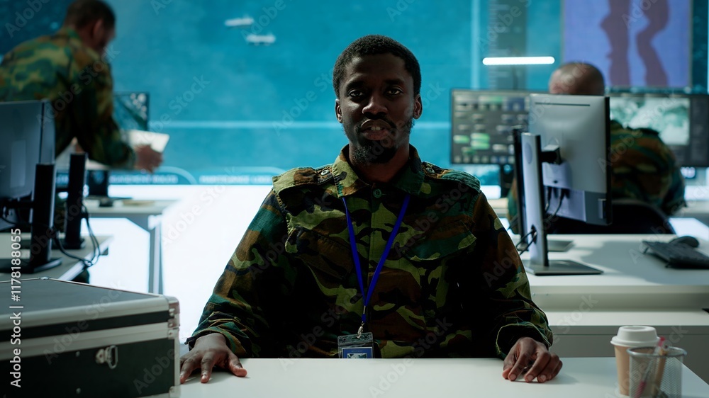 Poster army personnel in a high tech command center attends a videocall meeting and communicating crucial i