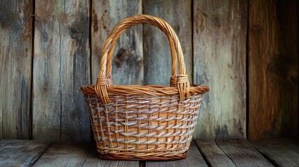 A unique vintage-style basket with weathered details, displayed on a weathered wooden table.