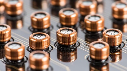 High-tech resistors and capacitors on a modern PCB, reflecting light 