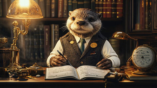 A composed otter in a 1930s bankers vest, standing behind an antique desk covered in brass inkwells, vintage paperweights, and ledgers filled with stock trades. - Powered by Adobe
