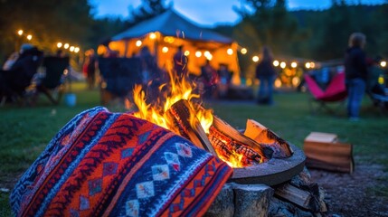 Obraz premium Cozy campfire scene at night with people socializing in the background.