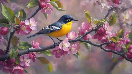 Fototapeta premium A warbler sitting on a flowering apple branch surrounded by vibrant spring blossoms.