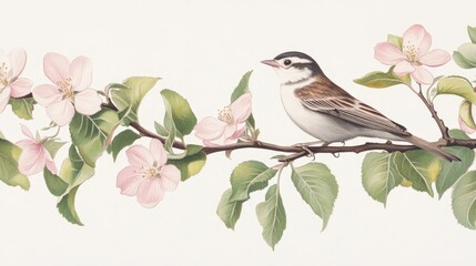 Fototapeta premium A warbler perched on a branch of fresh green leaves and pink apple blossoms.