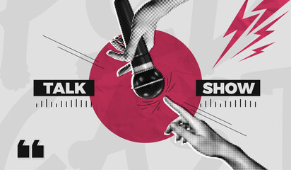 Trendy Halftone Collage Podcast broadcast. Hand holding studio microphone. Talk show and interview. Online radio news. Streaming service. Contemporary vector illustration art