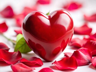 Valentine's Day Red Heart with Bokeh and Floating Petals - Romantic Stock Photo