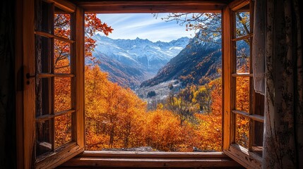 A wooden house window showcasing a tranquil autumn landscape of vibrant leaves and snow-capped peaks.