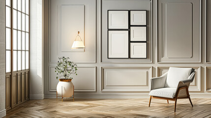 Obraz premium White chair sits in front of a wall of framed pictures.