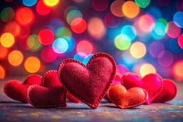 Fototapeta premium Valentine's Day Red Textile Hearts on Colorful Background - Stock Photo